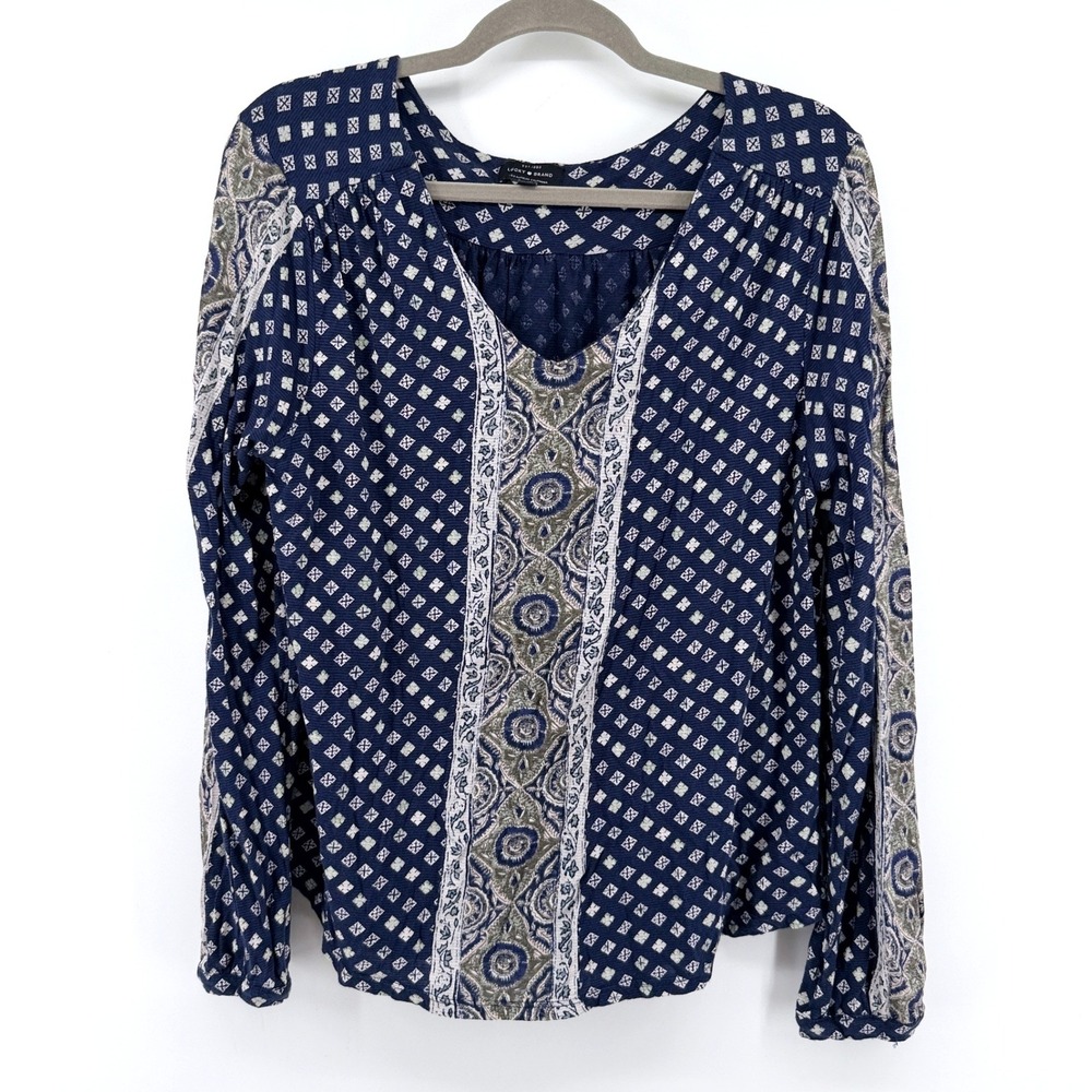 Lucky Brand Blouse Boho Mixed Print Large Blue Womens V-Neck Long Sleeve Top